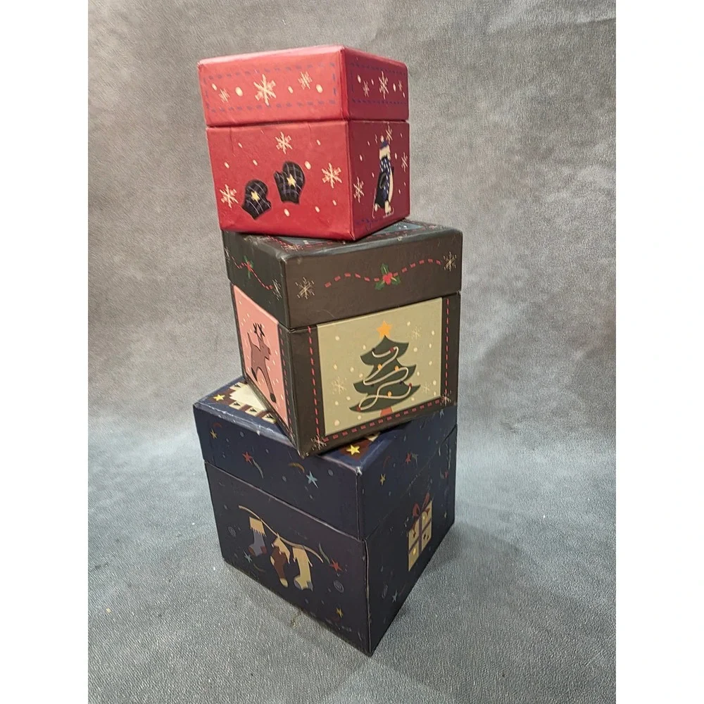 Christmas Nesting Boxes Set of 3 Santa Penguin Reindeer Holiday Decor Square